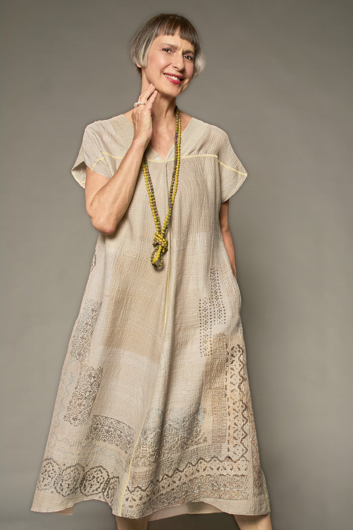 MOSAIC FRAY PATCH KANTHA V-NECK FRENCH SLV. DRESS - zb2467-ivy -