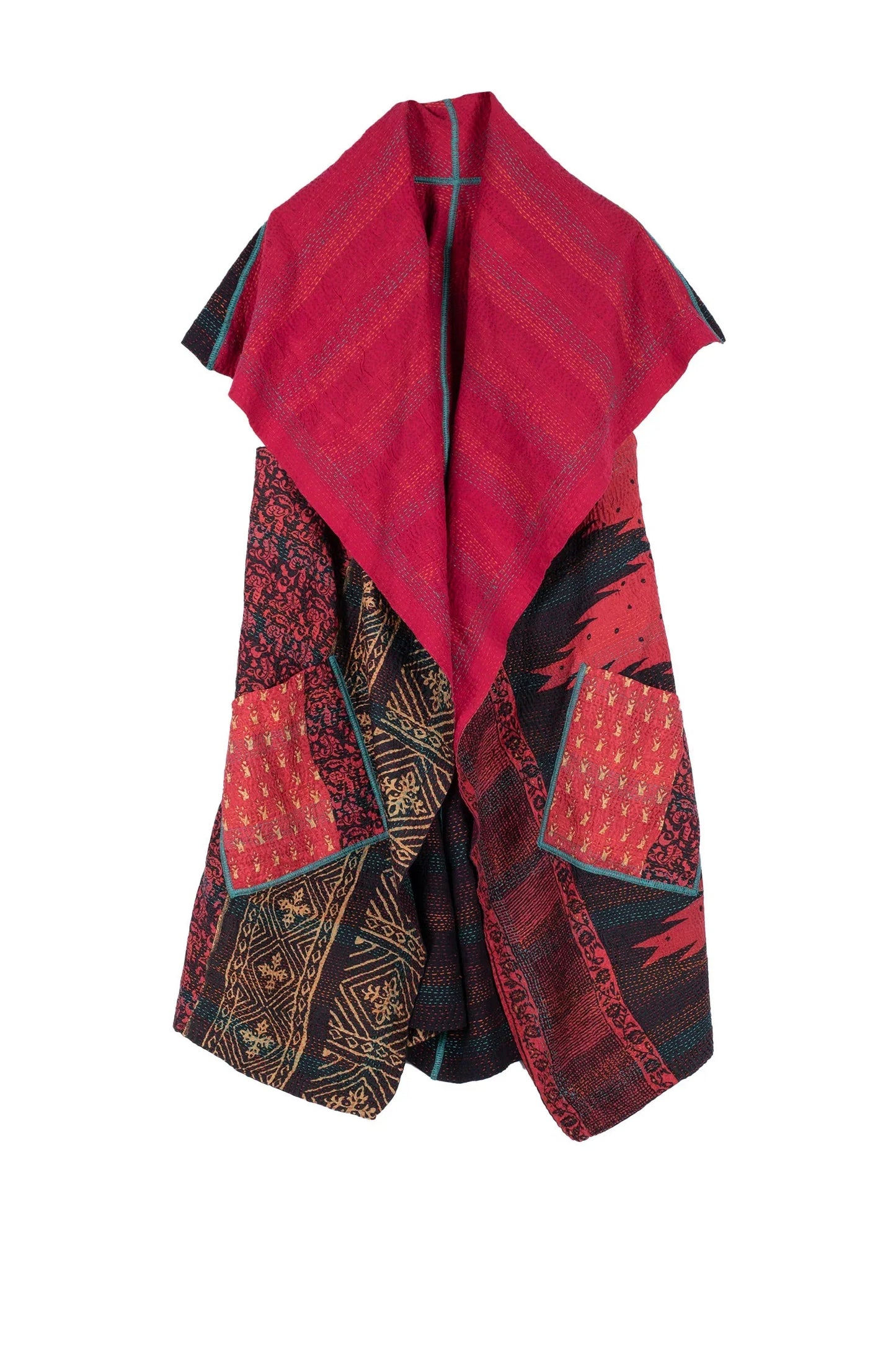 SILK COTTON OMBRE PRINT KANTHA CIRCULAR VEST - os2201-red -