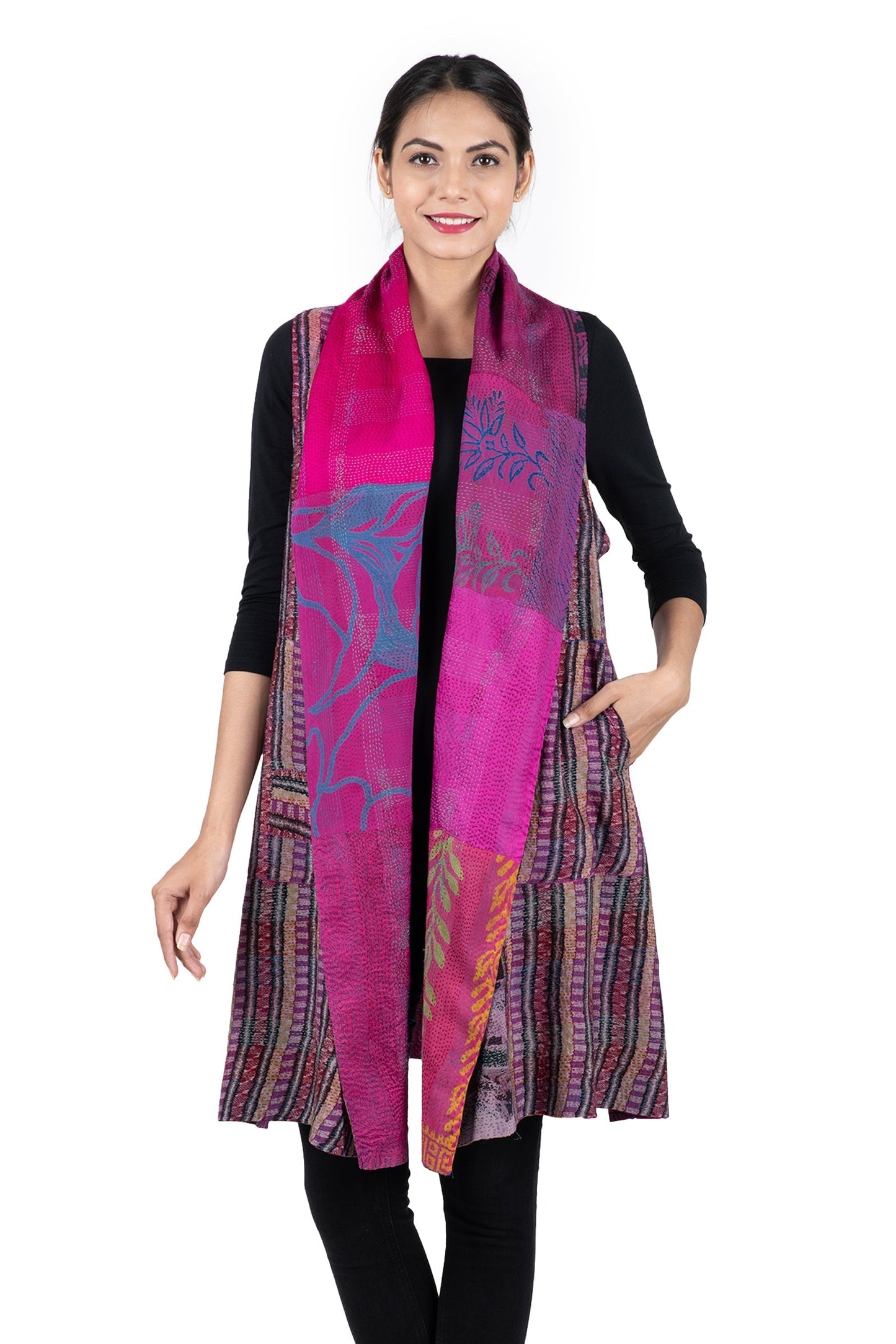 GEORGETTE VINTAGE SILK PATCH KANTHA SHAWL COLLAR VEST - gs2235-pik -
