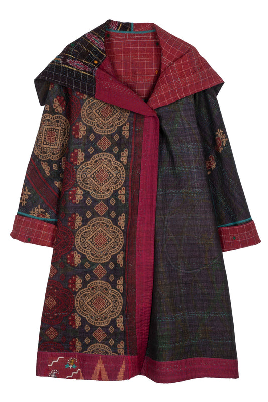 WOVEN VINTAGE COTTON KANTHA A-LINE COAT - fw4309-5001a -