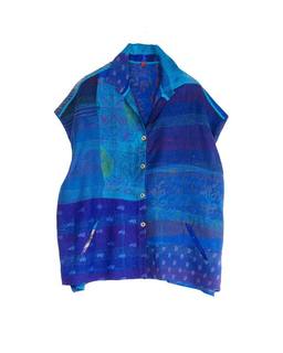 GEORGETTE VINTAGE SILK PATCH KANTHA CAP SLV. SHIRT - gs2530-blu -