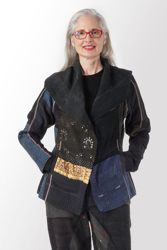 COTTON SILK SW PATCH KANTHA HOODIE JKT - ws4036-blk -