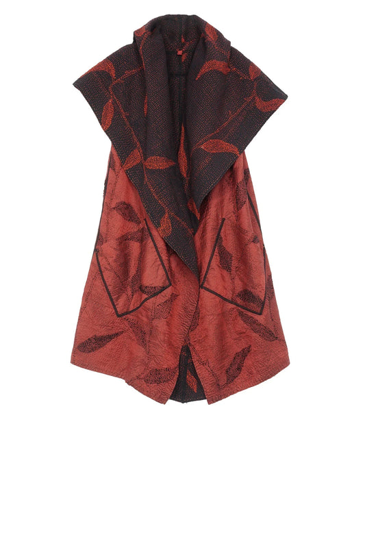 NIGHT BAMBOO SILK COTTON KANTHA CIRCULAR VEST - nb2201-red -