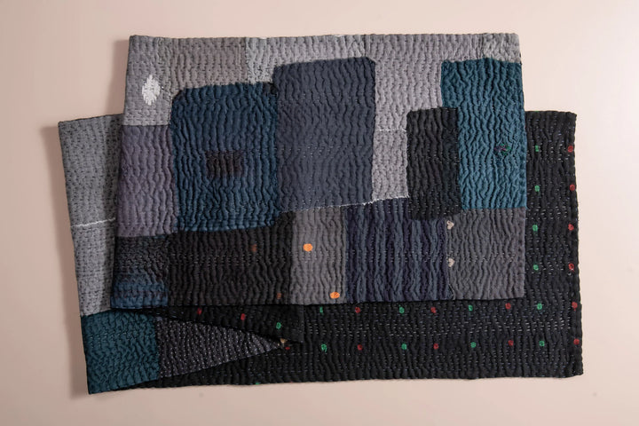 Landscape Fray Patch vintage Kantha Runner - Black