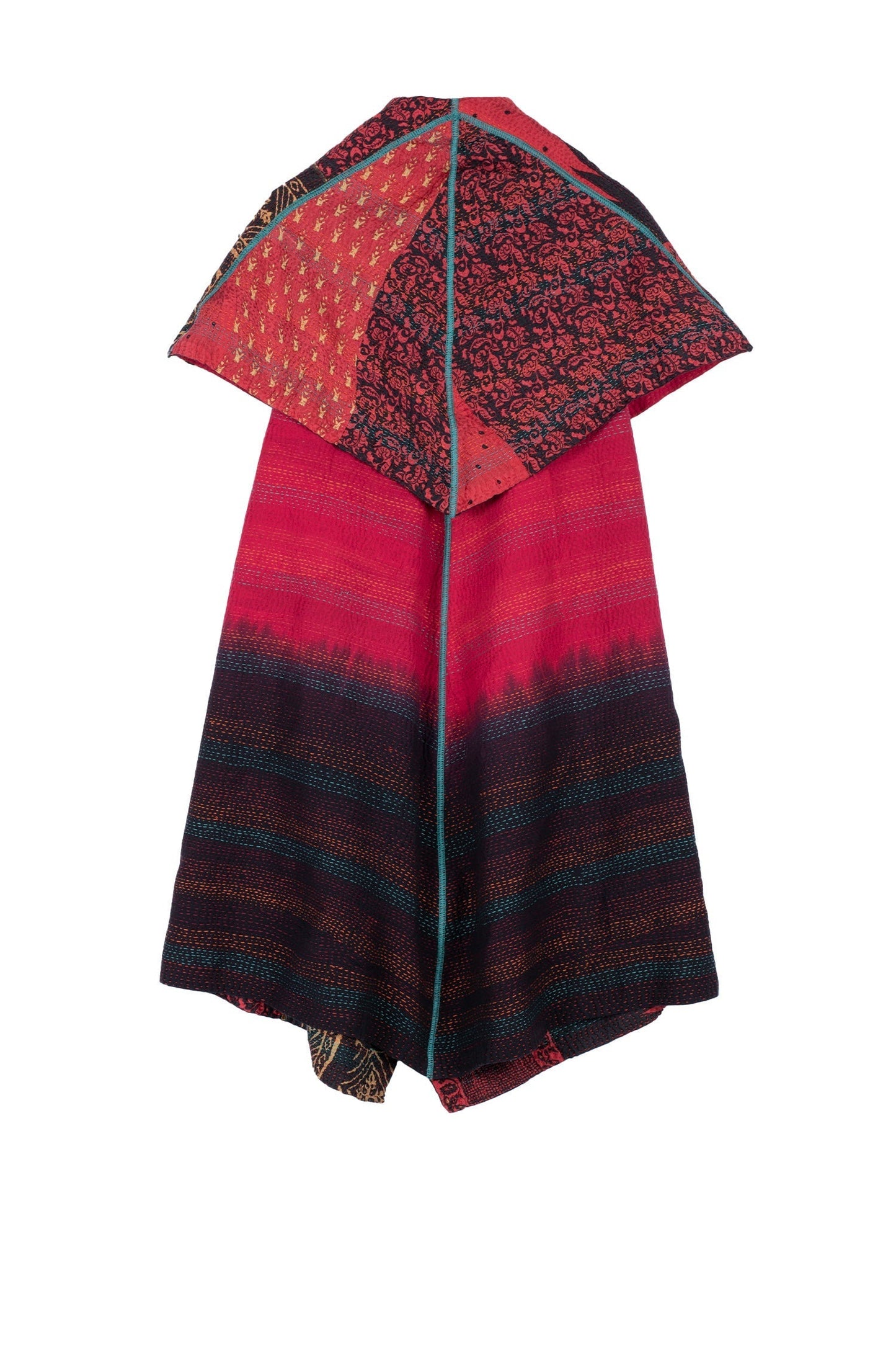SILK COTTON OMBRE PRINT KANTHA CIRCULAR VEST - os2201-red -
