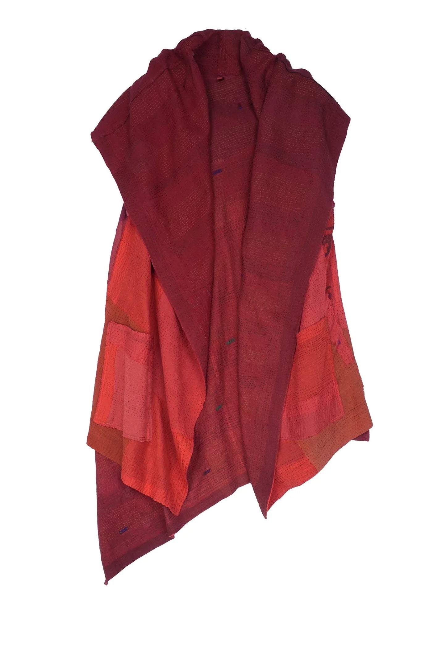 LANDSCAPE FRAYED PATCH KANTHA SLANT HEM HOODED VEST - lf2212-red -