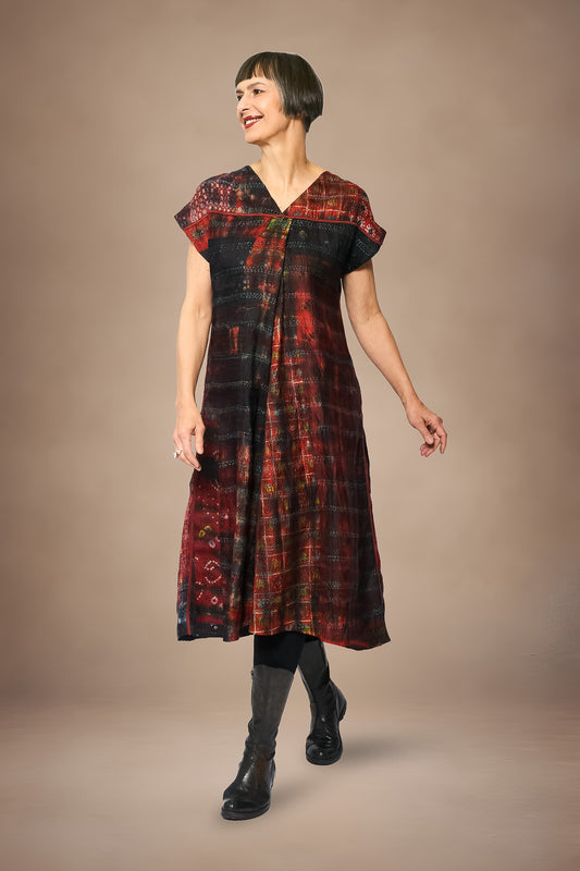 TIE DYE VINTAGE SILK KANTHA V-NECK FRENCH SLV. DRESS - st-sv2467-mrn -