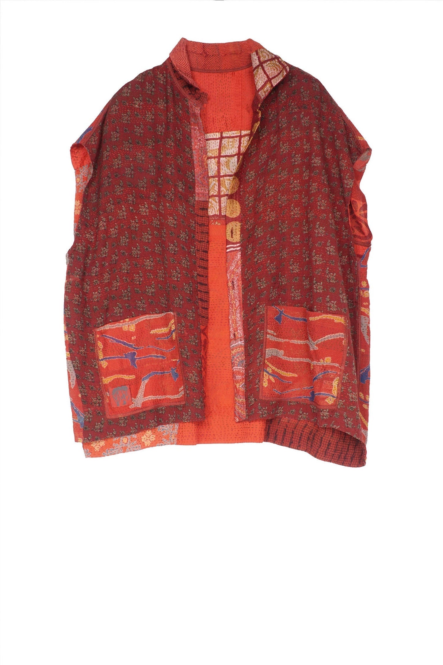 GEORGETTE VINTAGE SILK PATCH KANTHA CAP SLV. SHIRT - gs2530-red -