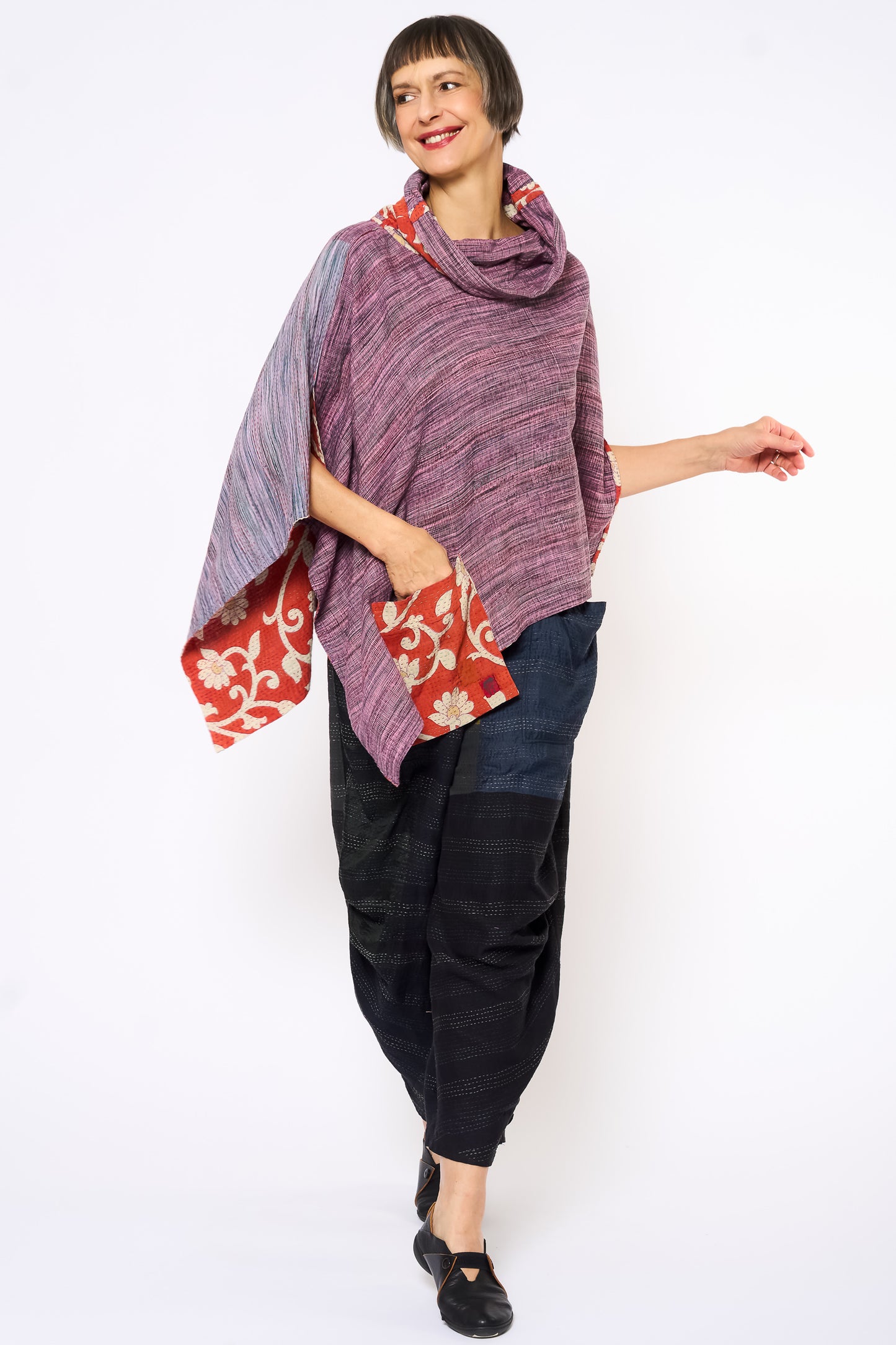 VINTAGE COTTON KANTHA COWL NECK LONG CAPE - cv2842-mlt -