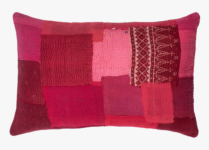 Landscape Fray Patch vintage Kantha Pillow - Red