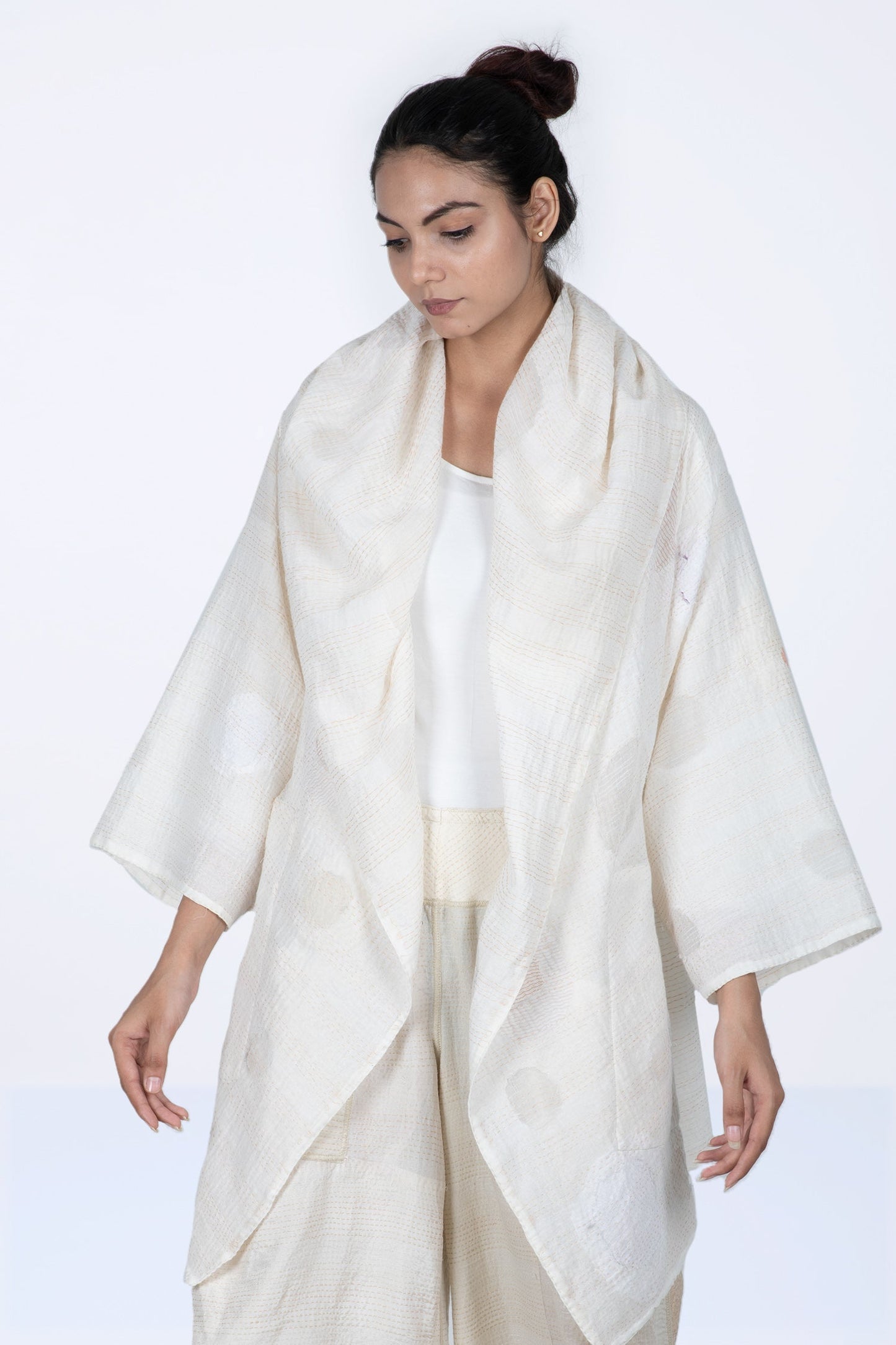 CUT THROUGH DOT AND HOLES KANTHA HOODED A-LINE JKT - cd2050-ivy -