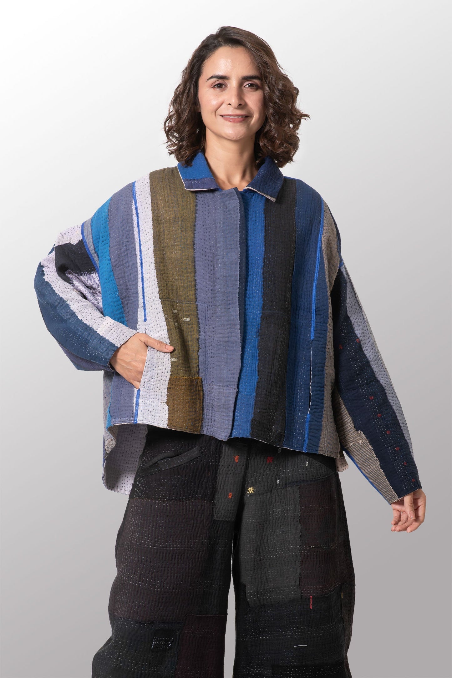 COTTON STRIPE PATCH KANTHA CROPPED SHIRT JACKET - cs4075-blu -