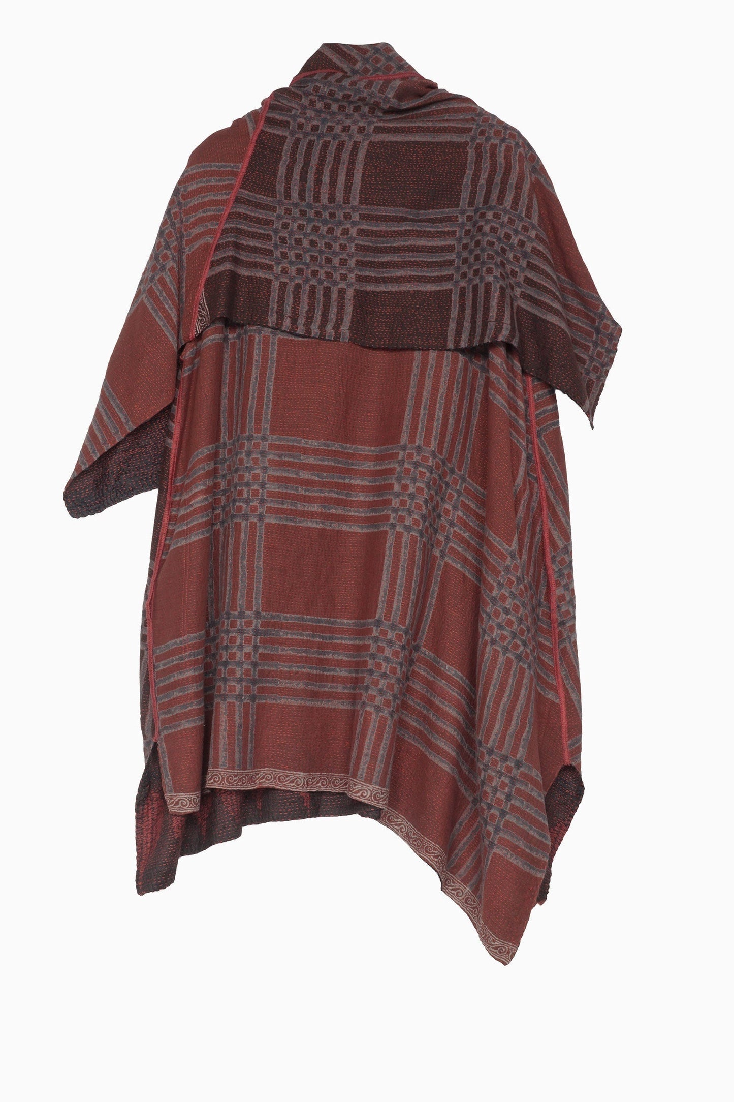 INDONESIAN PRINT & BORDER SHIBORI KANTHA COWL NECK FLARE TOP - ib2529-red -