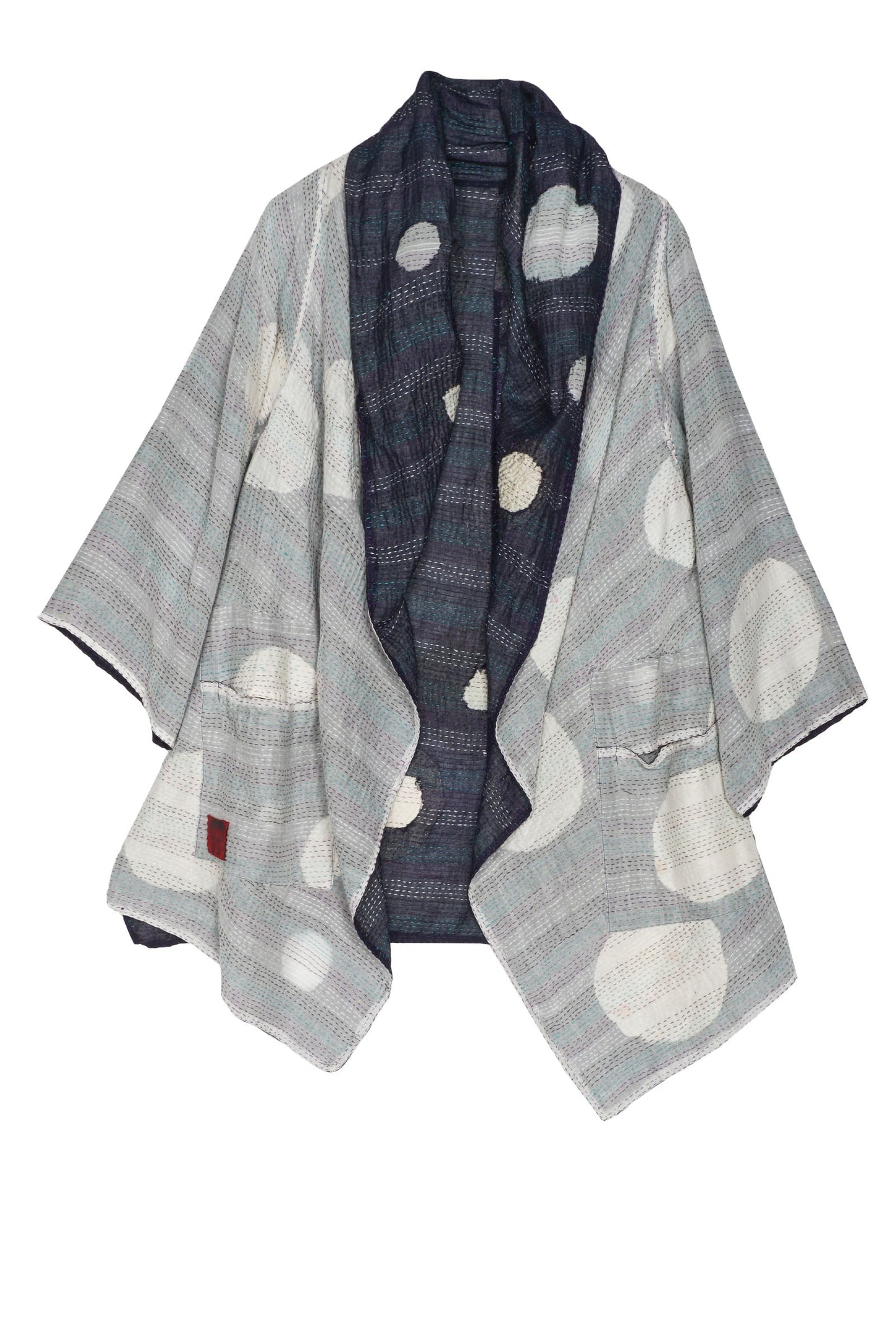 CUT THROUGH DOT AND HOLES KANTHA HOODED A-LINE JKT - cd2050-blu -