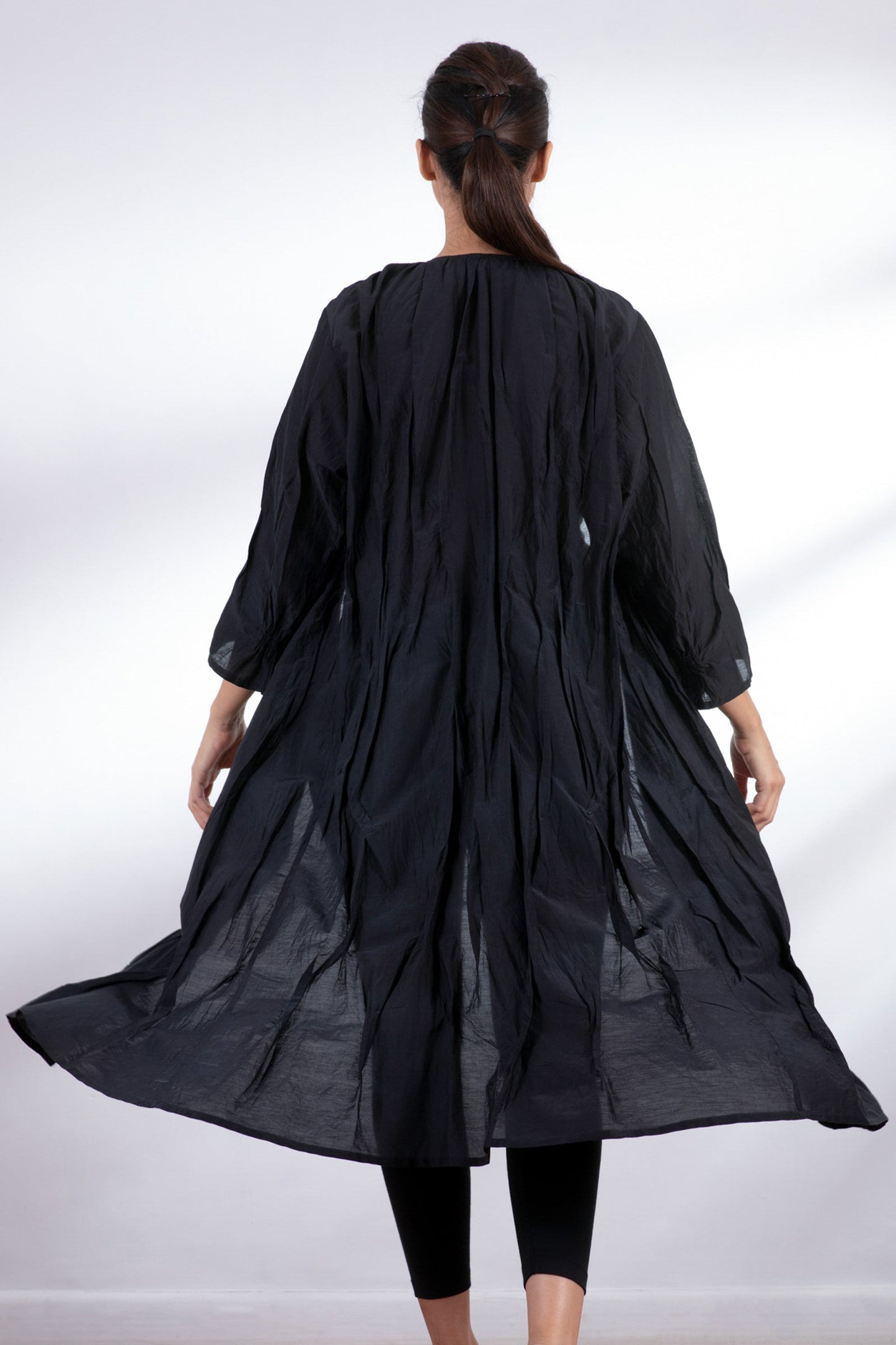 DYED COTTON SILK VOILE WAVY TUCK CROPPED SLV. DRESS - dc1434-blk -