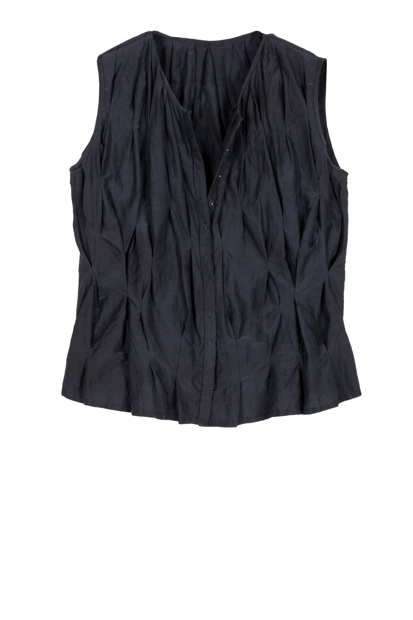 DYED COTTON SILK VOILE WAVY TUCKED SLEEVELESS BLOUSE - dc1539-blk -