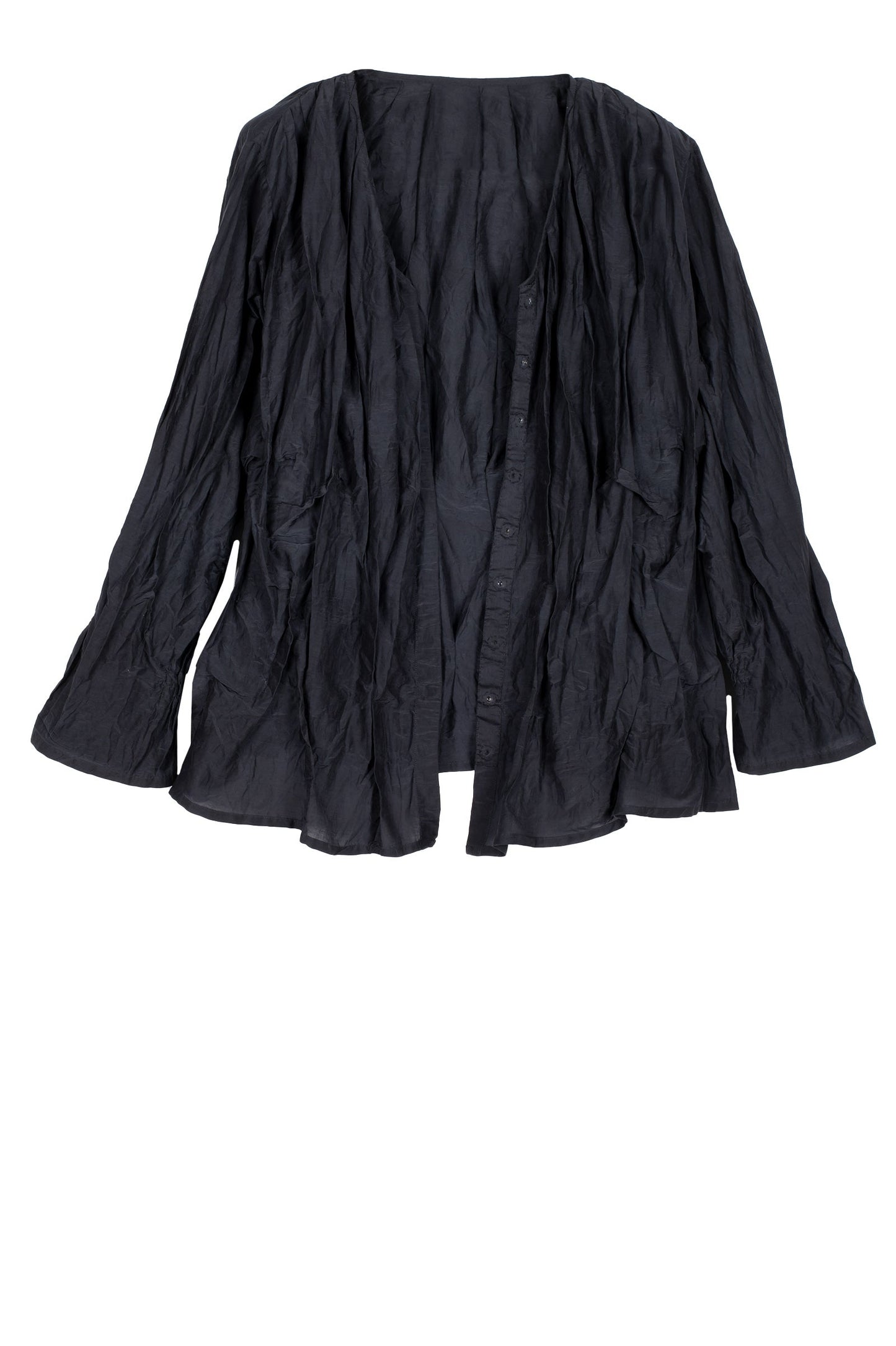 DYED COTTON SILK VOILE WAVY V-NECK TUCKED BLOUSE - dc1542-blk -