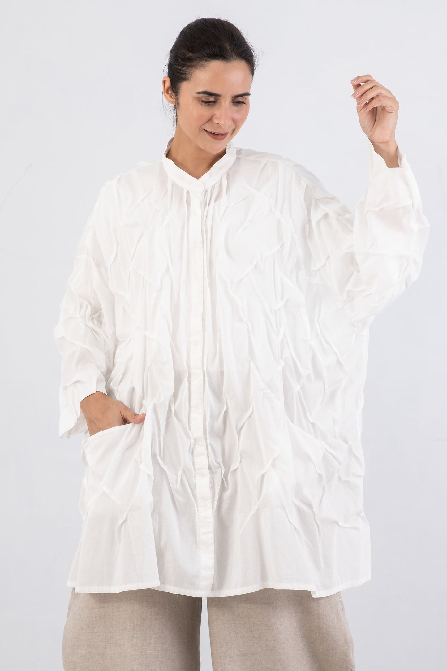 DYED COTTON SILK VOILE WAVY TUCK OVERSIZED SHIRT - dc1555-wht -