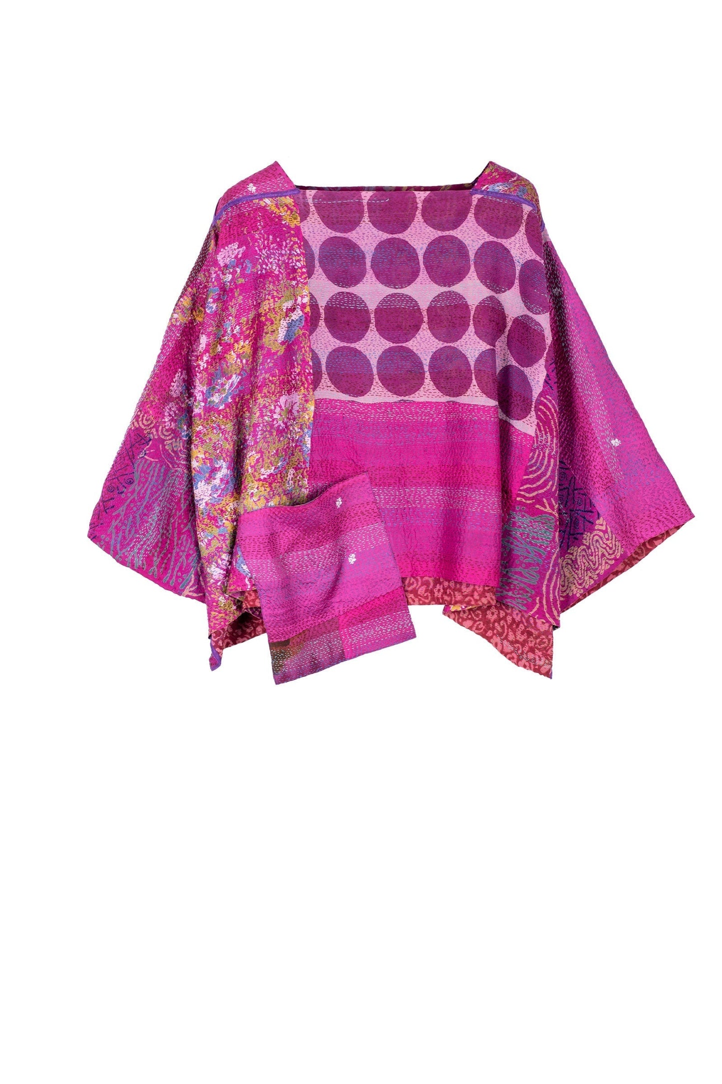 GEORGETTE VINTAGE SILK PATCH KANTHA 3/4 SLV. CROP TOP - gs2528-pik -