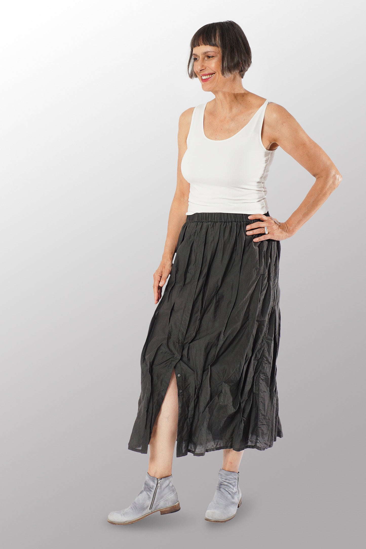 DYED COTTON SILK VOILE WAVY FRONT OPEN LONG SKIRT - dc1660-gry -