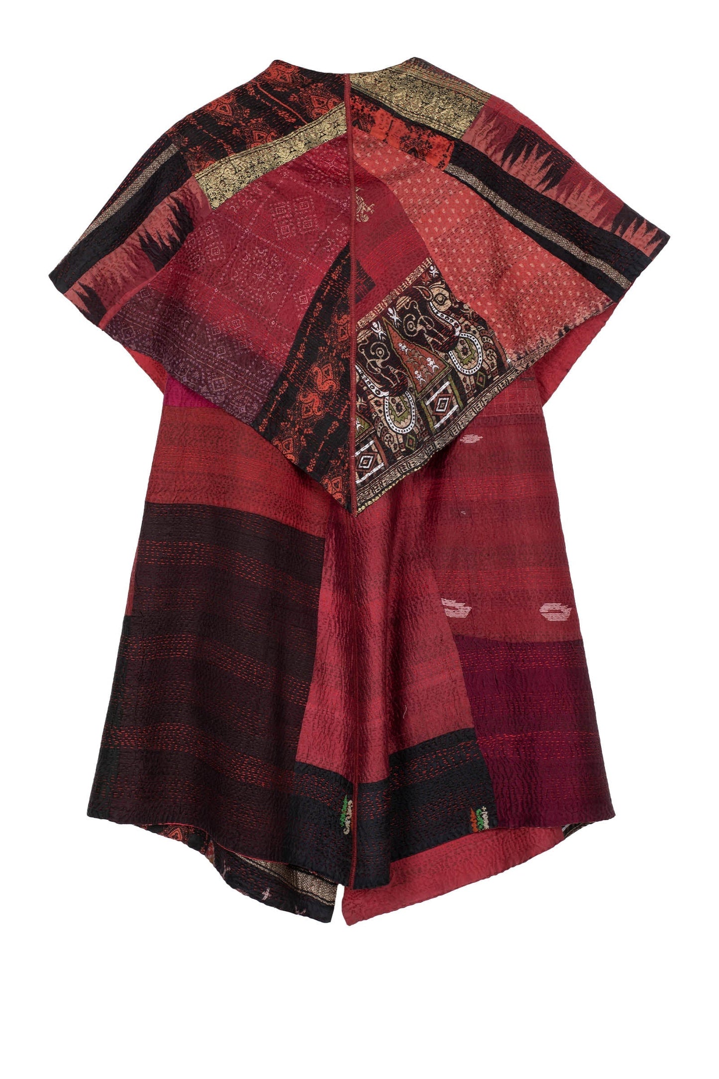 VINTAGE SILK PATCH KANTHA CIRCULAR VEST - vp2201-red -