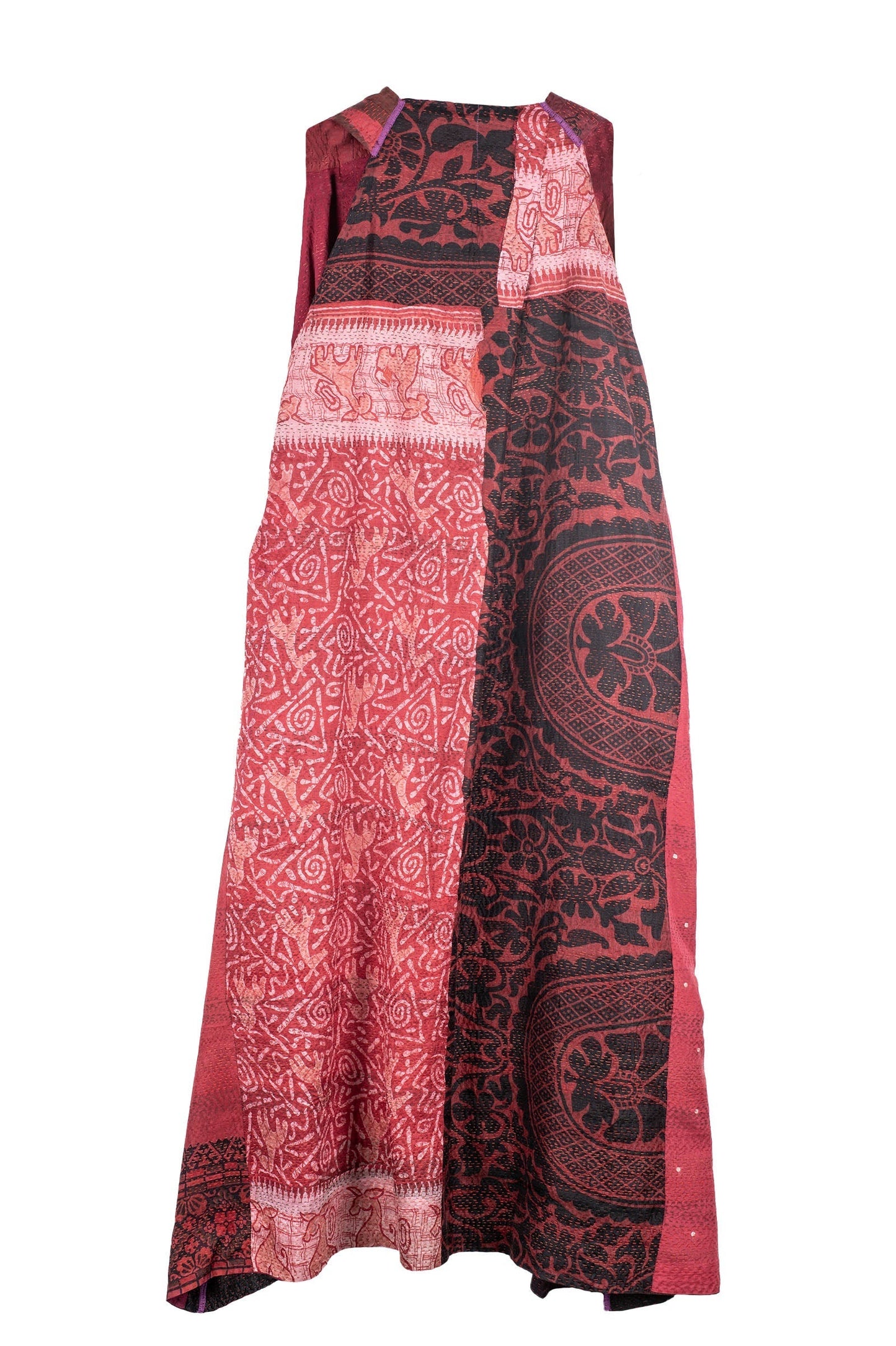 VINTAGE SILK PATCH KANTHA  BACK PLEATED VEST MAXI - vp2222-red -