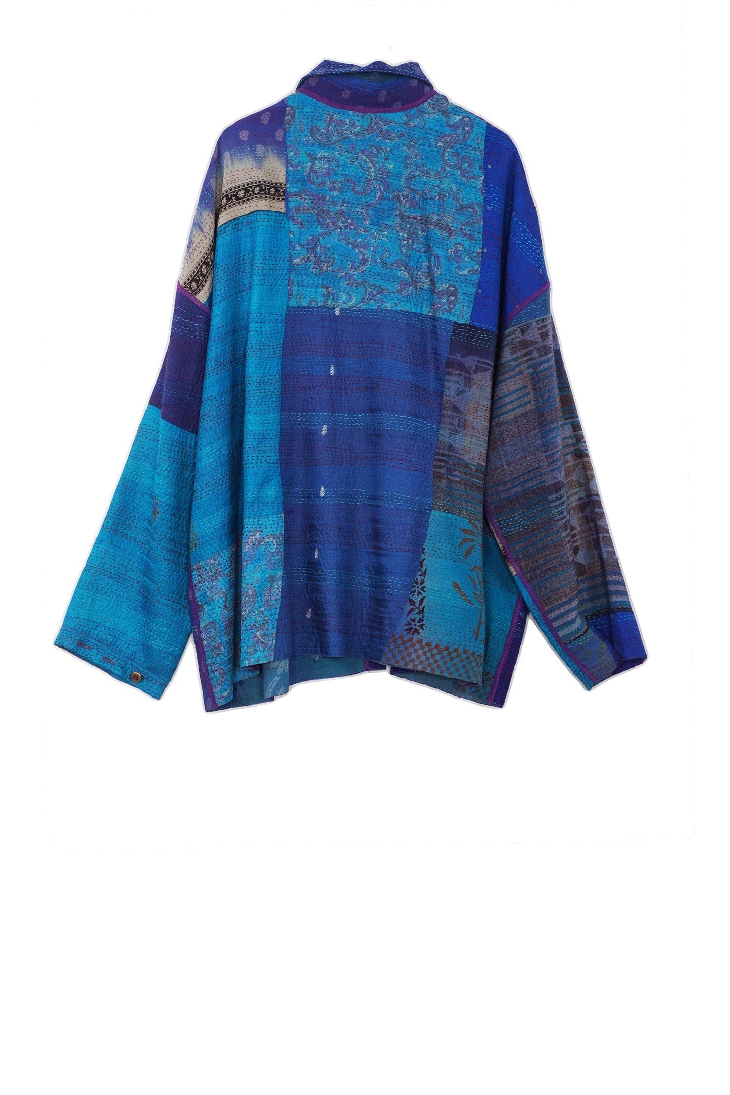 GEORGETTE VINTAGE SILK PATCH KANTHA CAMP SHIRT - gs2525-blu -