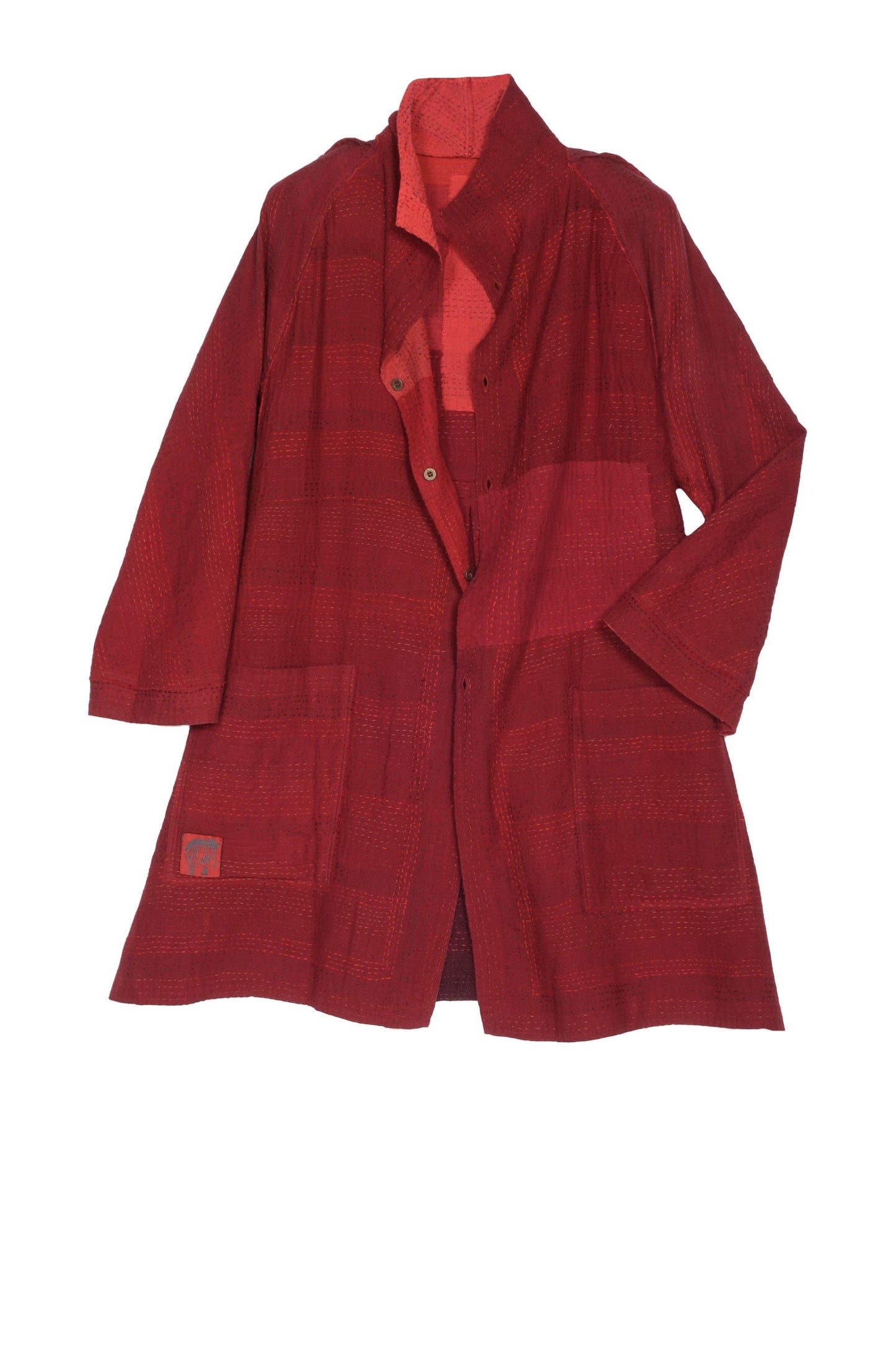 LANDSCAPE FRAYED PATCH KANTHA BACK TUCKED TUNIC - lf2513-red -