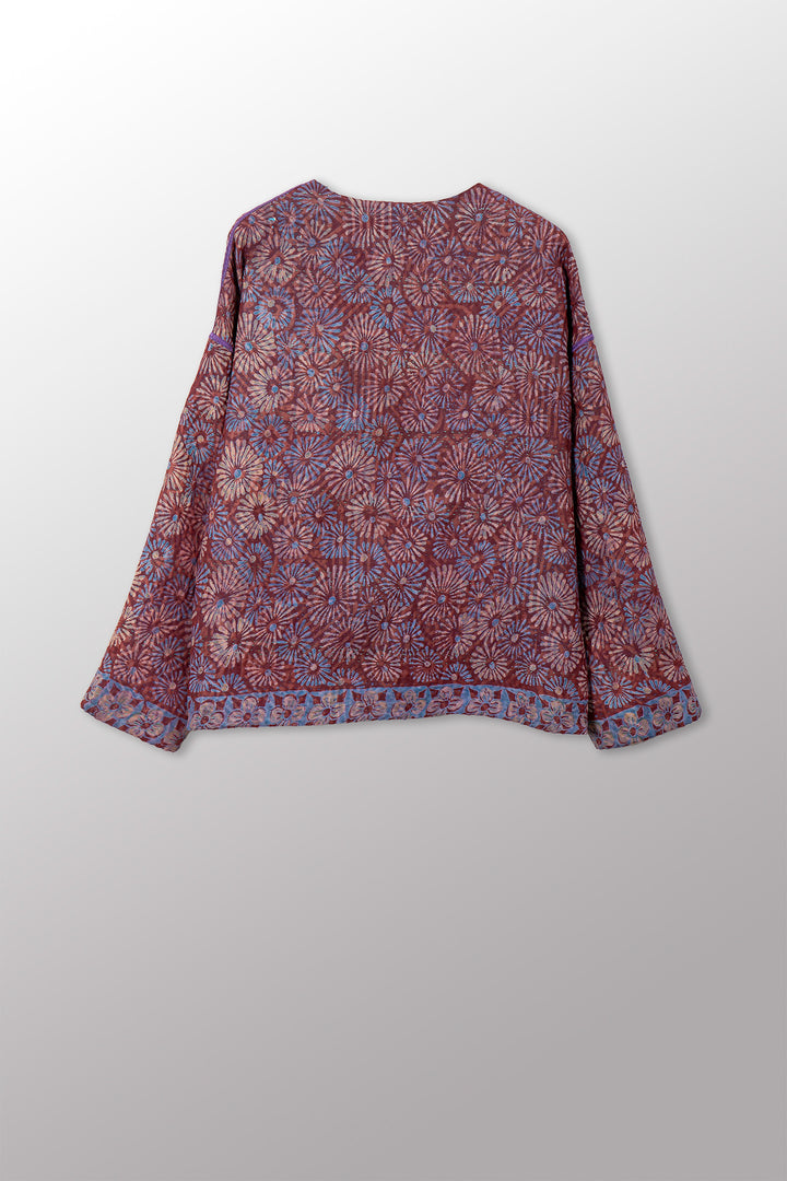 VINTAGE SILK GEORGETTE COTTON KANTHA CREW NECK SHORT JACKET - gc4053-0001a -