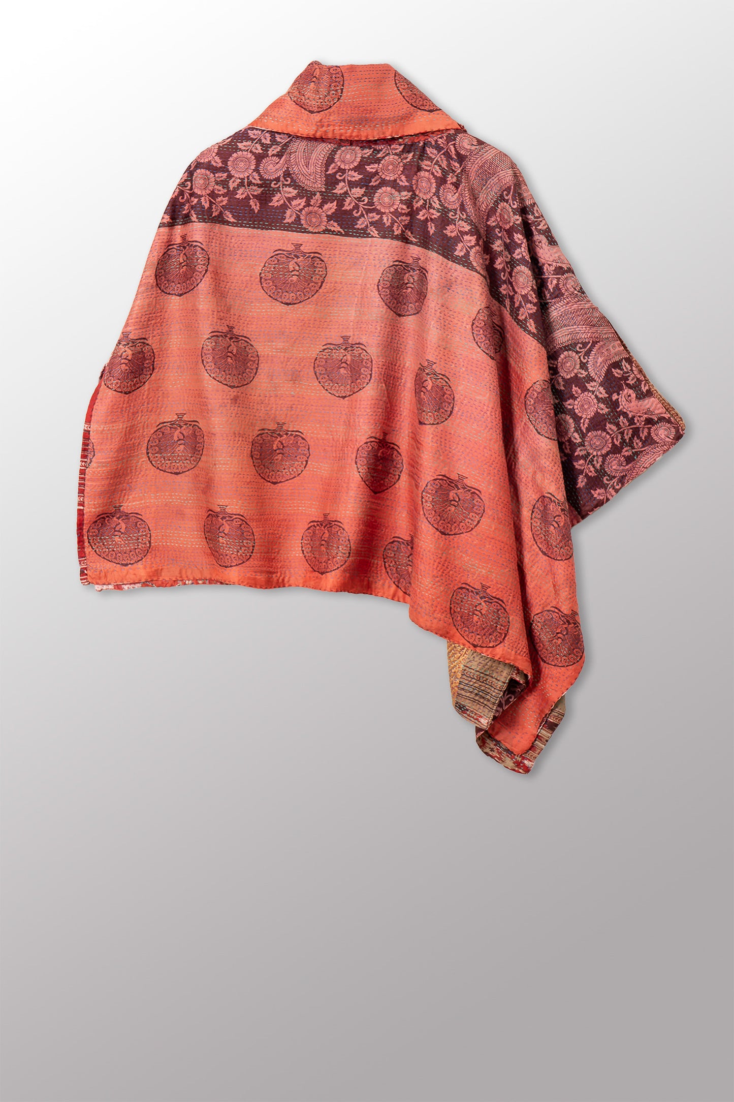 VINTAGE SILK KANTHA COWL NECK LONG CAPE - sv2842-0011a -