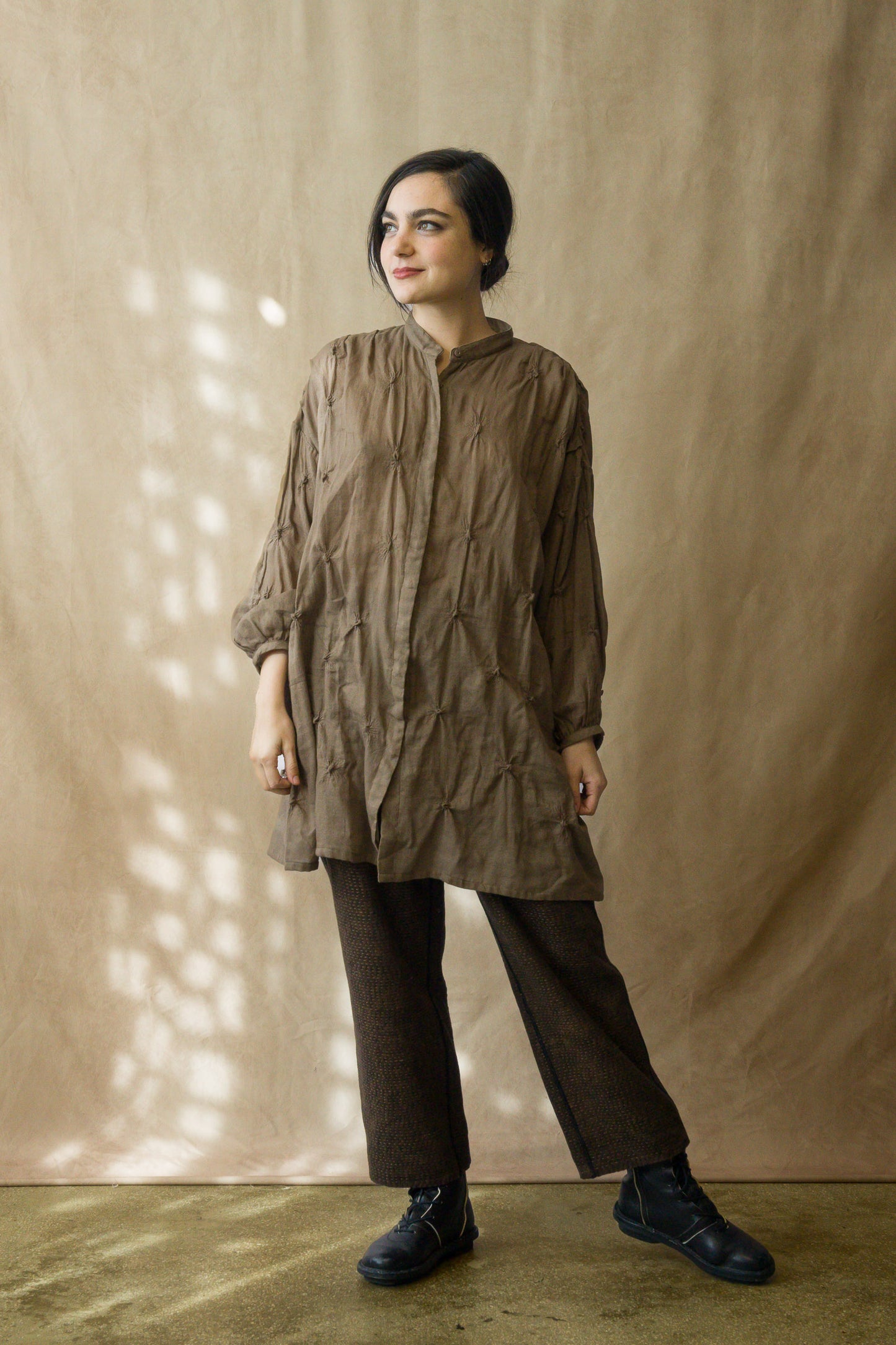 GAUZE SHIBORI GARMENT KANTHA BAND COLLAR OVERSIZED SHIRT - bl-gg2587-ntl -