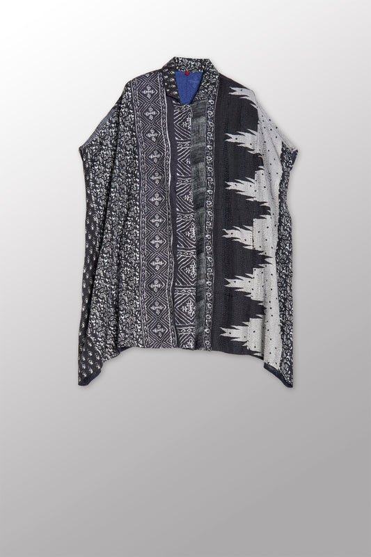 SILK COTTON OMBRE PRINT KANTHA SHIRT PONCHO - os2545-blk -