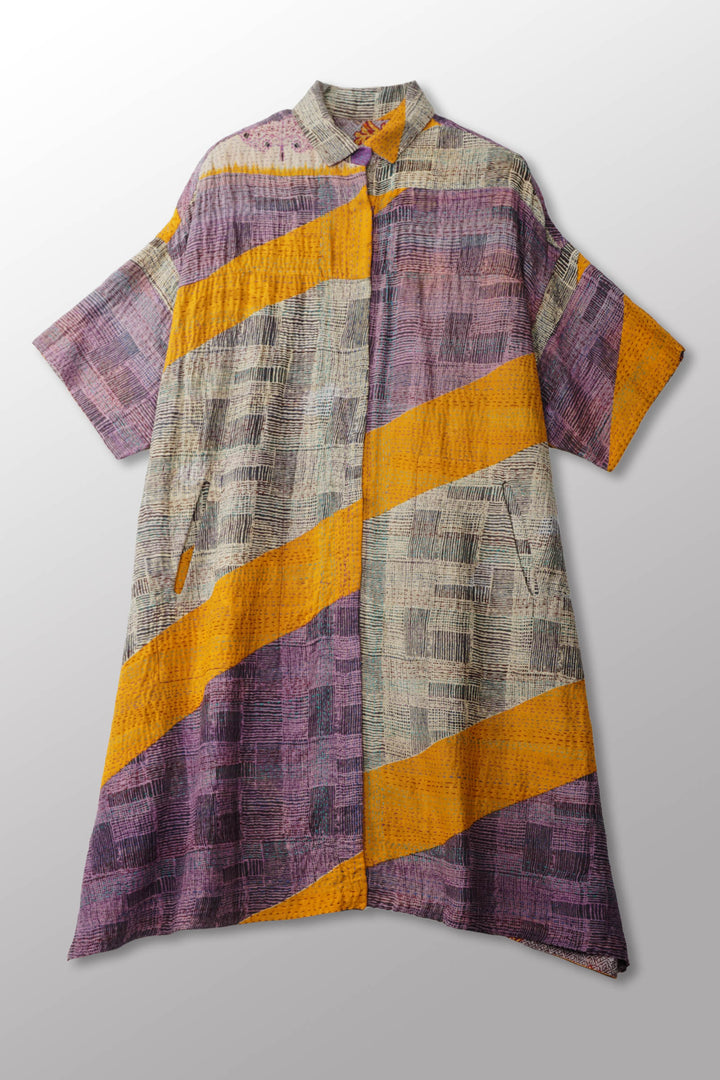 ROBE-CHEMISE MI-LONGUE VINTAGE EN COTON KANTHA - mc2429-0018a -