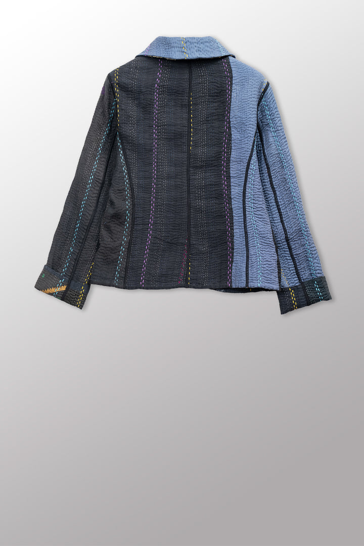 JEWEL WOVEN WITH VERTICAL PATCH KANTHA CROPPED BASIC JACKET - jv4096-blk -