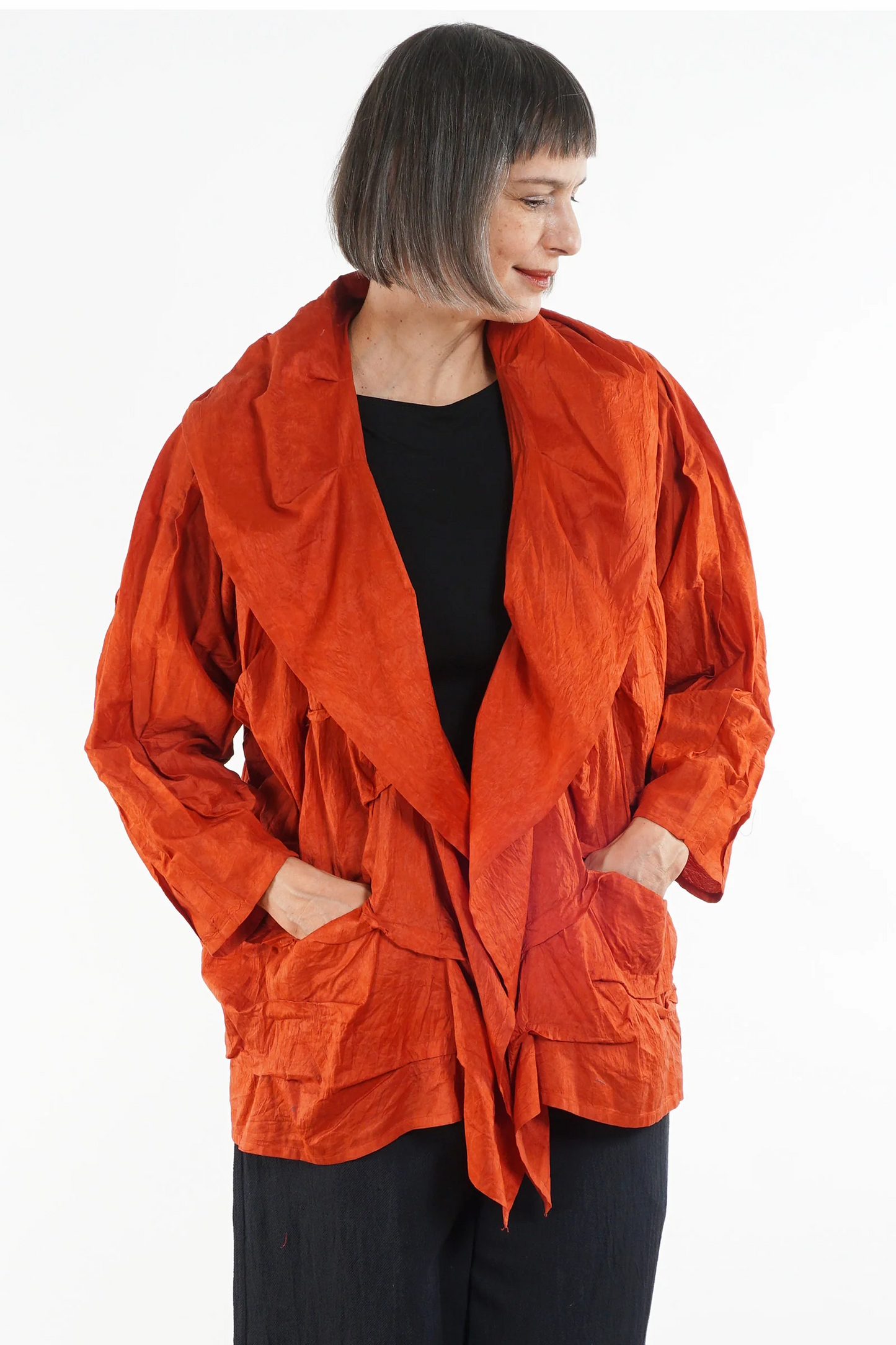 DYED COTTON SILK HEAVY VOILE WAVY TUCK COCOON JACKET - dh1063-org -