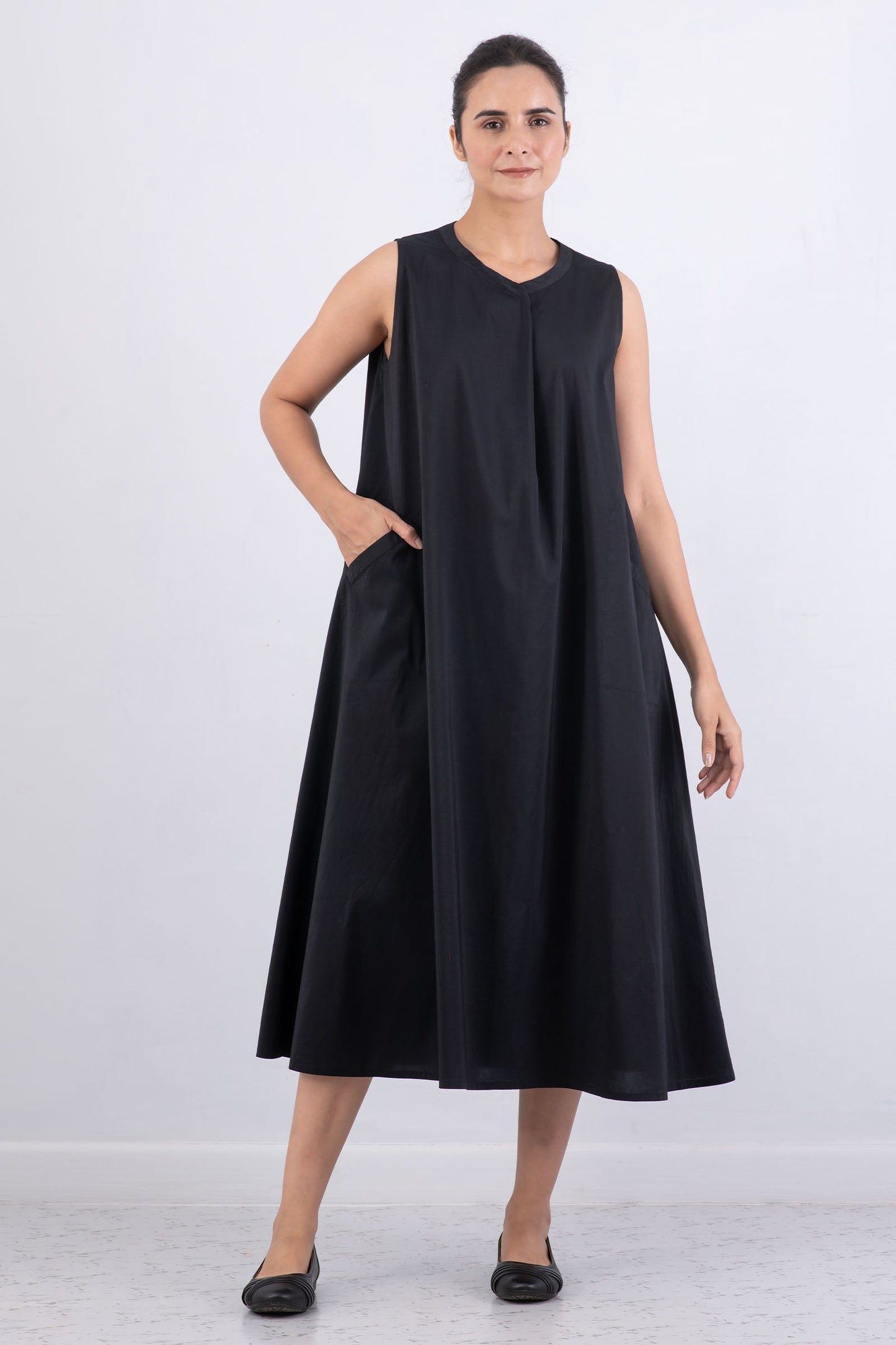 DYED COTTON SILK HEAVY VOILE WAVY BAND COLLAR MAXI DRESS - dh1439-blk -