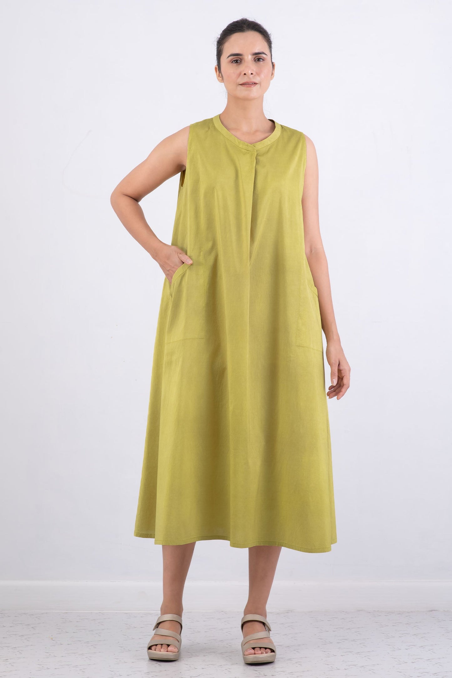 DYED COTTON SILK HEAVY VOILE WAVY BAND COLLAR MAXI DRESS - dh1439-cha -