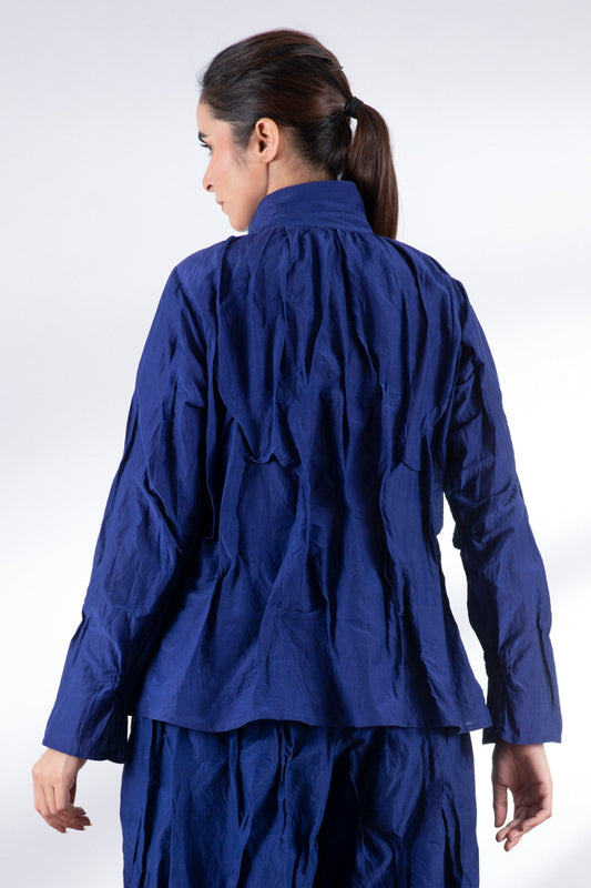 DYED COTTON SILK HEAVY VOILE WAVY TUCKED SHIRT - dh1541-blu -