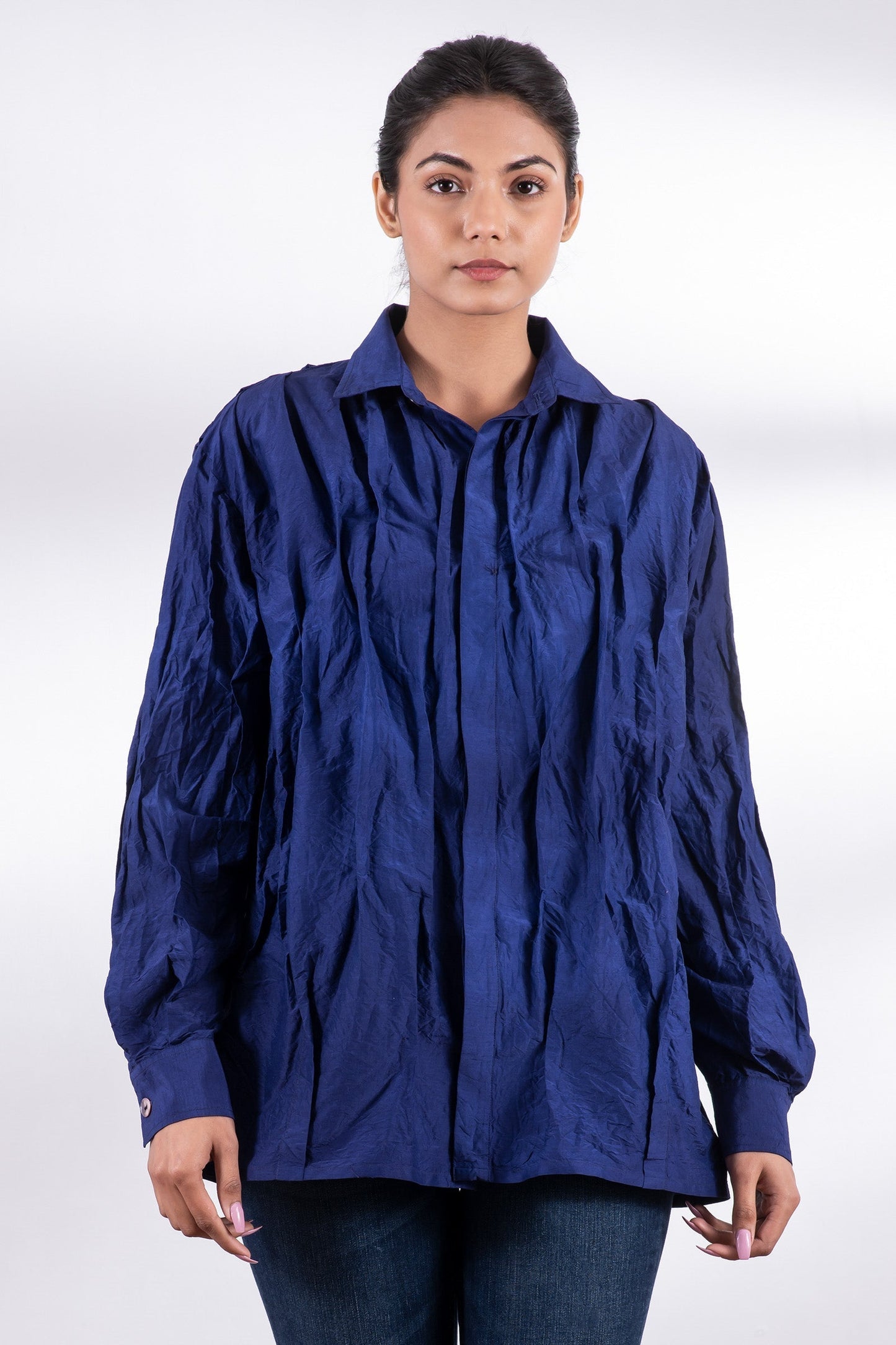 DYED COTTON SILK HEAVY VOILE WAVY TUCKED MEN'S SHIRT - dh1551-blu -