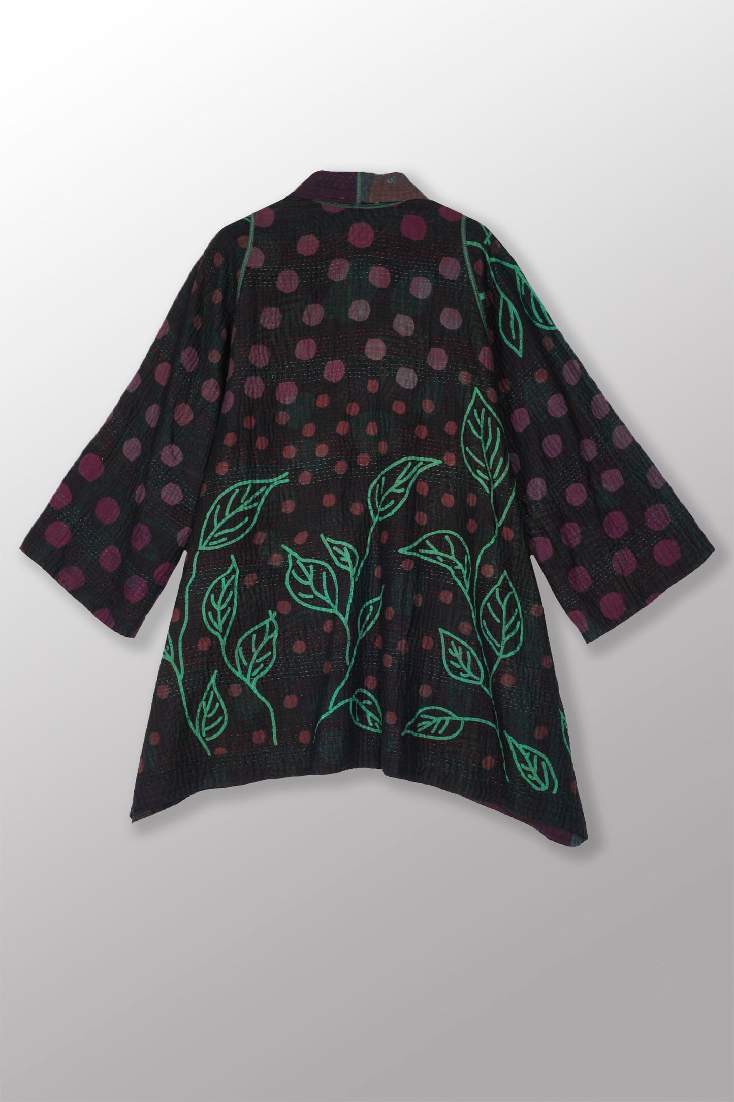 POLKA DOTS & LEAVES KANTHA OVER DYE A-LINE JACKET - dl4003-grn -