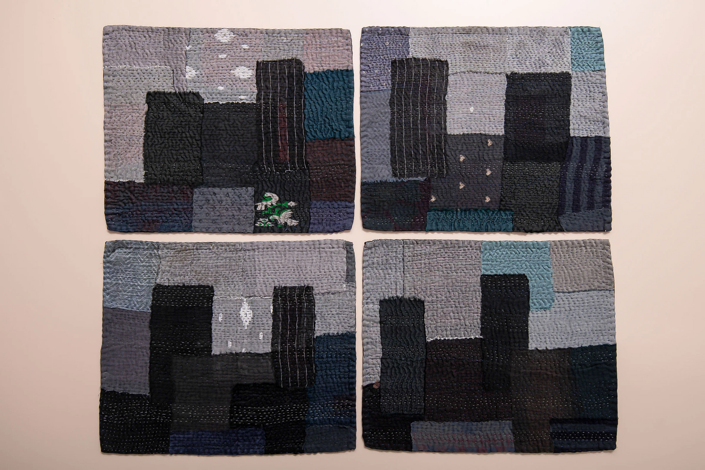 Landscape Fray Handmade Vintage Kantha Placemat -Black (SET OF 2)