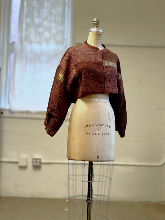 COTTON SILK SW PATCH KANTHA SLEEVE JACKET - ws4090-brn -