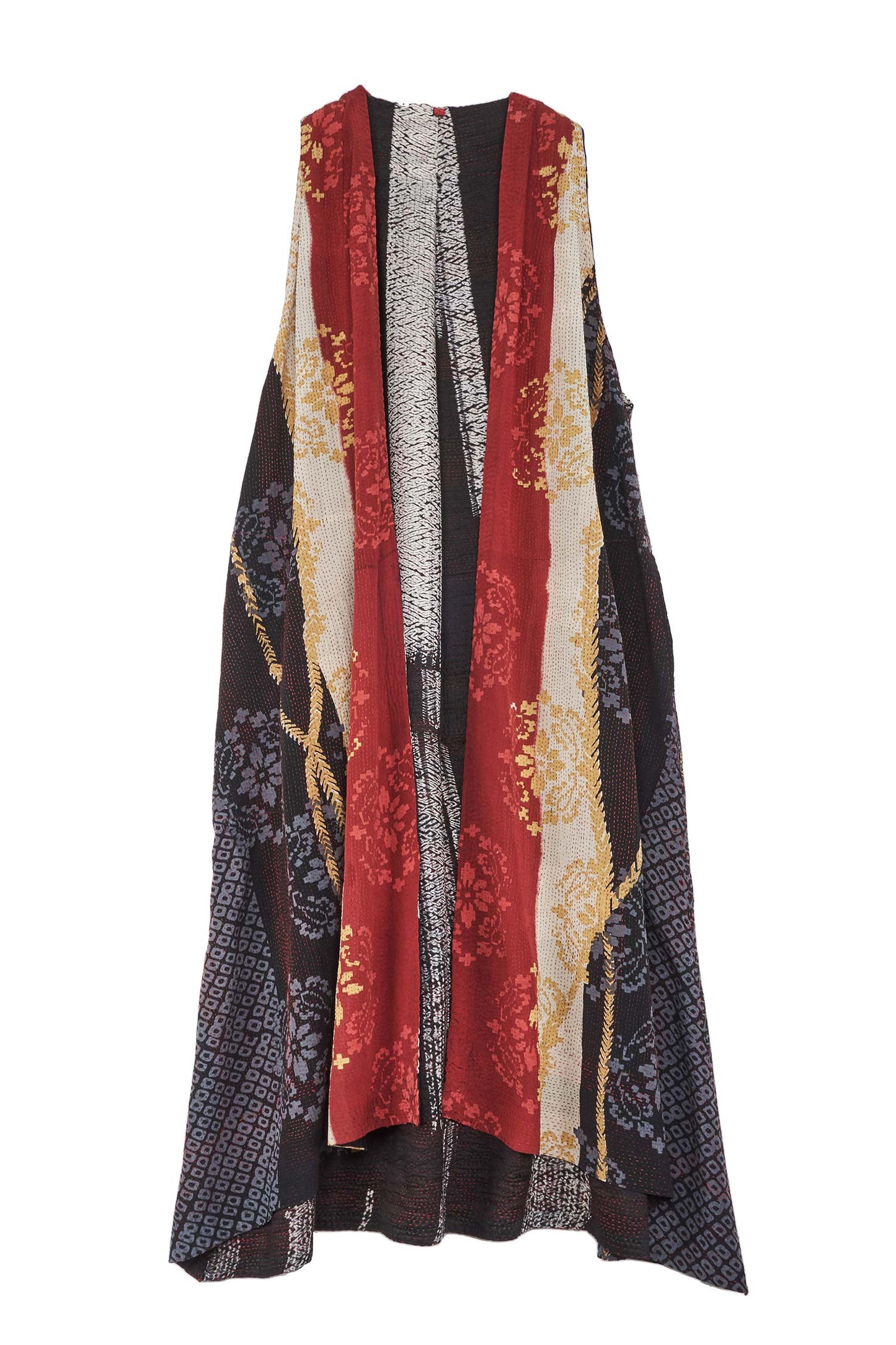 KIMONO PRINT KANTHA BACK PLEATED VEST MAXI - kp2222-blk -