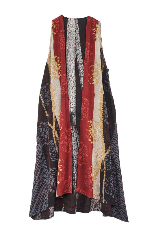 KIMONO PRINT KANTHA BACK PLEATED VEST MAXI - kp2222-blk -