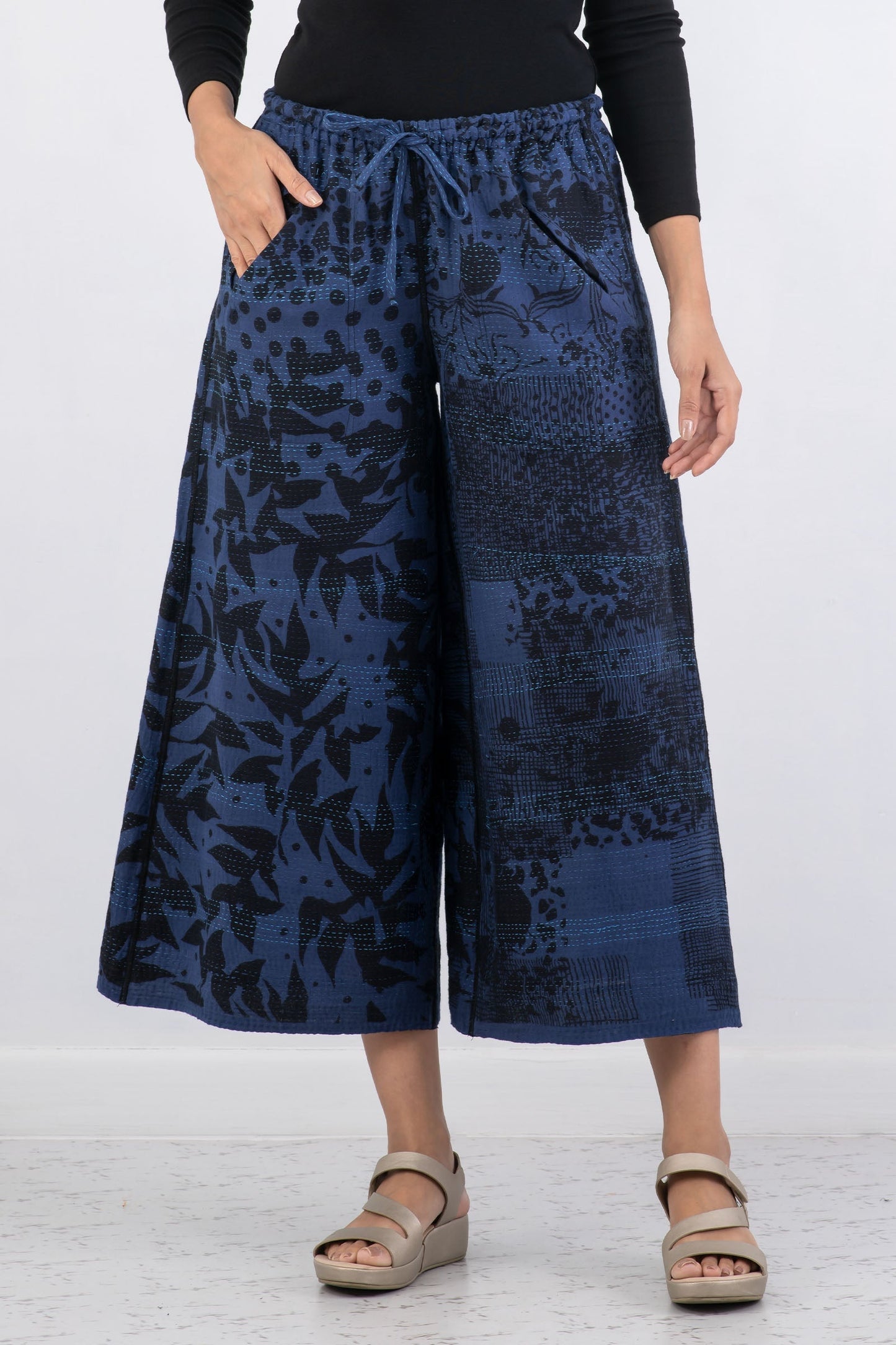 MONOTONE TWILIGHT PRINT KANTHA DRAW STRING GAUCHO - tp2627-nvy -