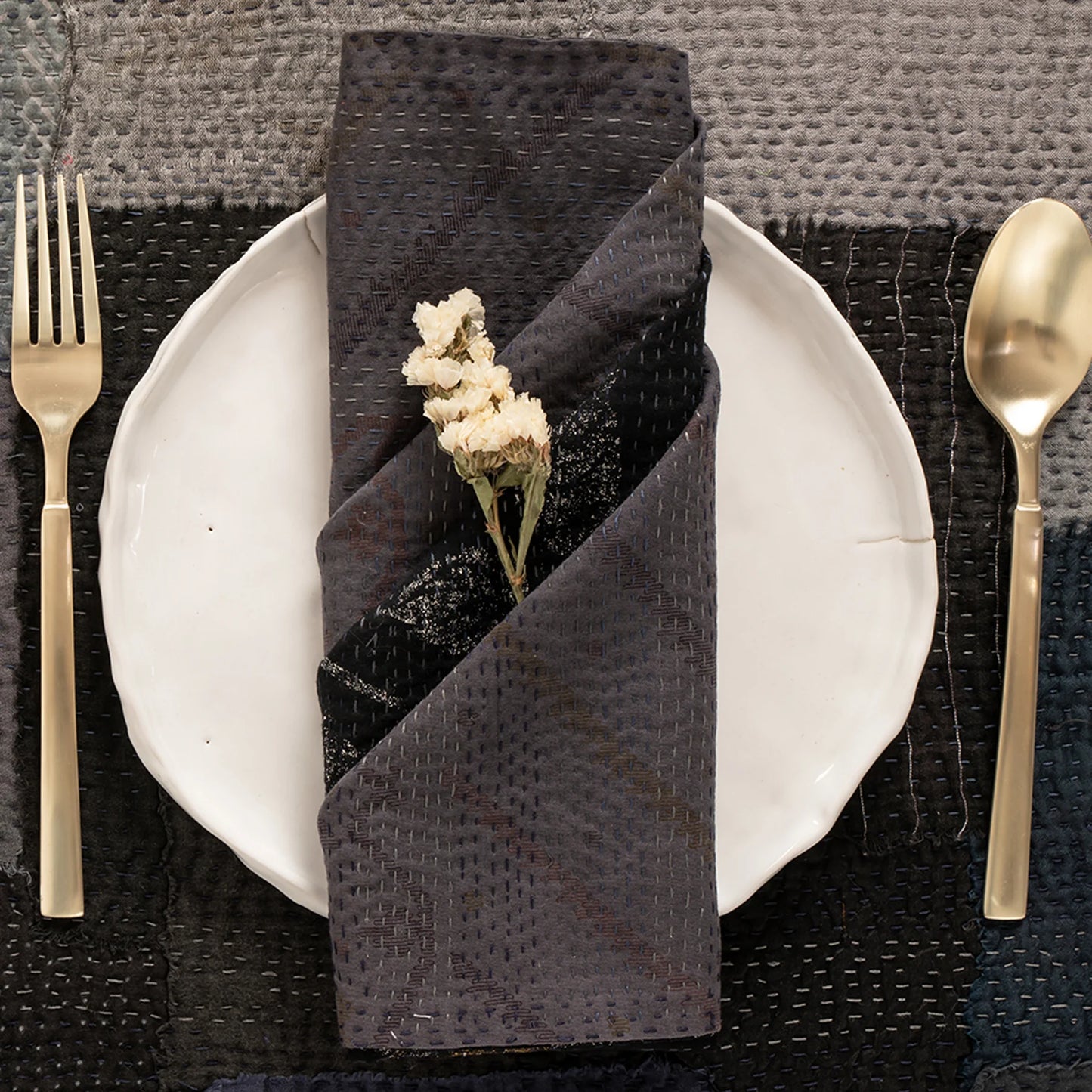 Landscap Fray Patch  Vintage Kantha Napkin -Black-S/2