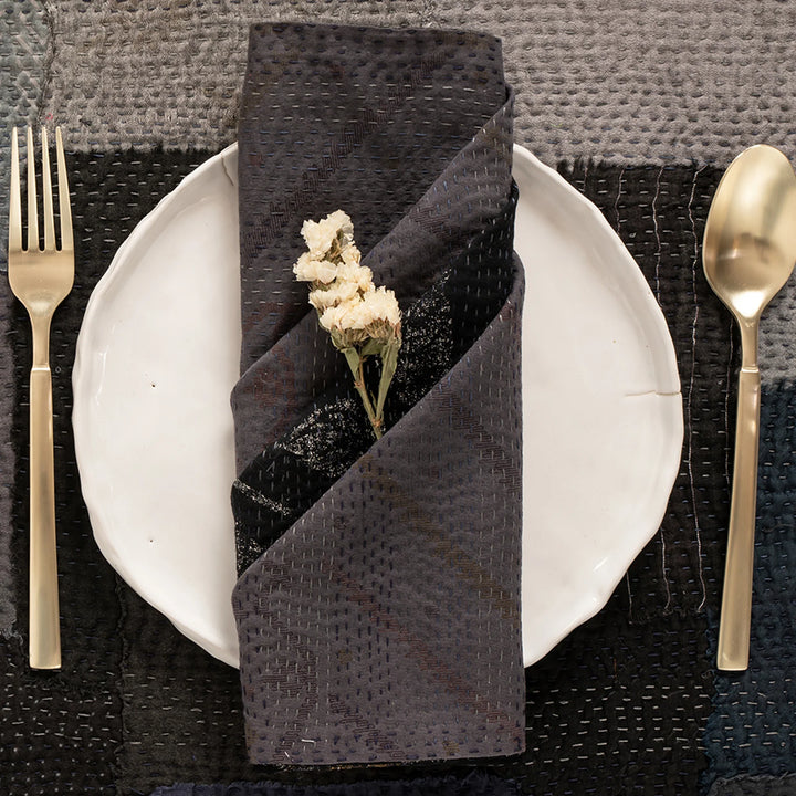 Landscape Fray patch vintage Kantha Napkin - Black (Set of 2)