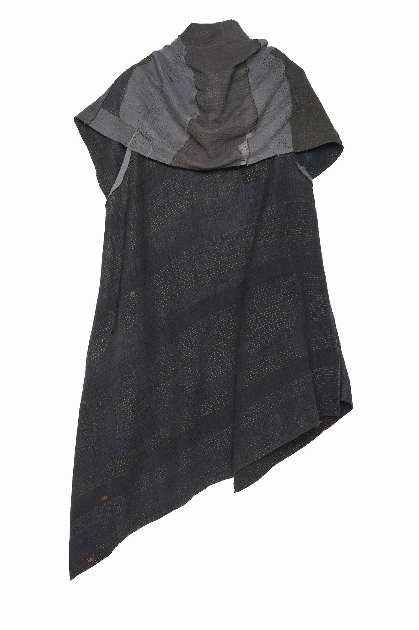 LANDSCAPE FRAYED PATCH KANTHA SLANT HEM HOODED VEST - lf2212-gry -