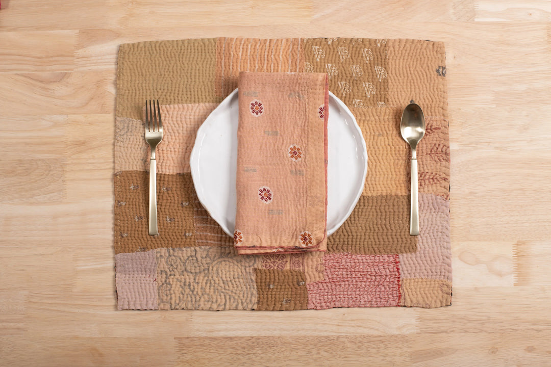 Mosaic Fray  Vintage Kantha Placemat -Mushroom -(Set of 2)