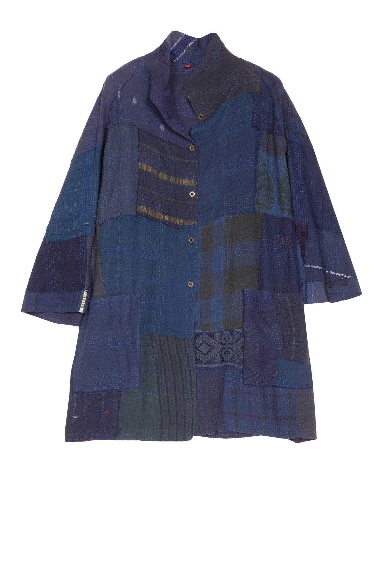 INDIGO WHITE FRAYED PATCH KANTHA BACK TUCKED TUNIC - iw2513-nvy -